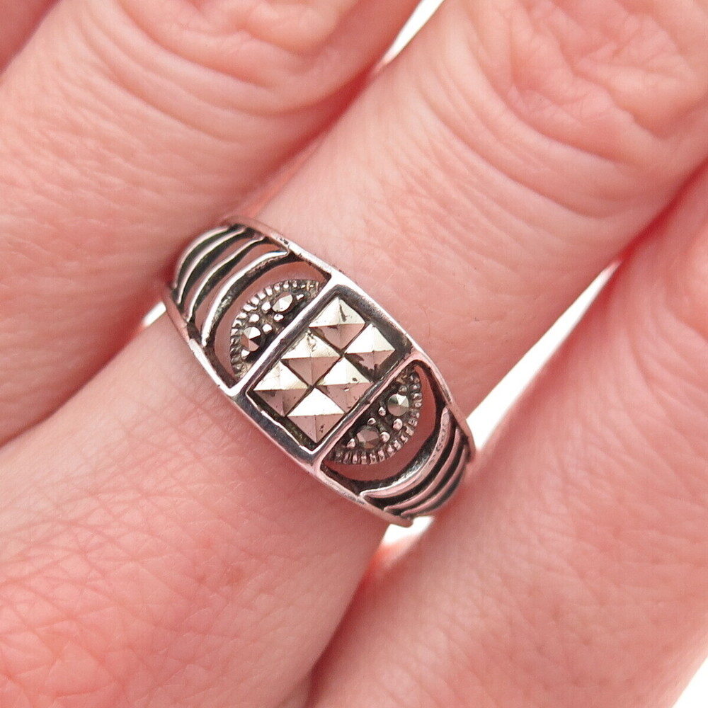 925 Sterling Silver Vintage Real Marcasite Oxidized Ring Size 6.75